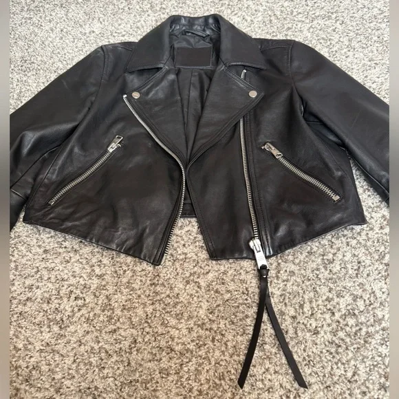 All Saints DALBY CROPPED LEATHER BIKER JACKET - Picture 7 of 8